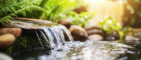 A serene waterfall cascades over stones, surrounded by lush greenery, creating a tranquil natural scene. photo