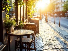 Charming cafe terrace bathed in golden sunlight, featuring a table and chairs, surrounded by plants along a cobblestone street. photo