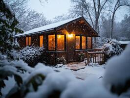 A cozy cabin illuminated during a snowy night, surrounded by trees and gently falling snowflakes. photo