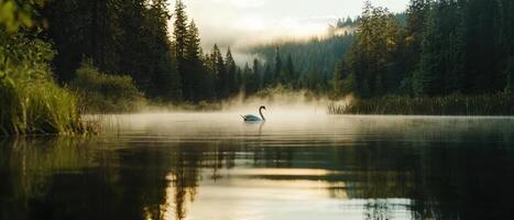 A serene lake scene with a lone swan gliding through the calm waters, framed by lush trees and a misty backdrop. photo