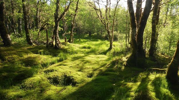 Serene forest scene with sunlight filtering through trees, casting shadows on lush green grass. photo