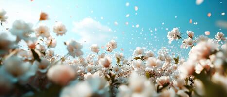 A vibrant field of blooming flowers under a clear blue sky, with petals gently falling, creating a serene and picturesque scene. photo