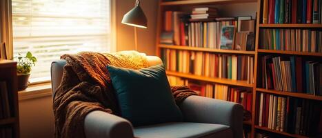 Cozy reading nook featuring an armchair, plush blanket, and bookshelves filled with books under soft natural light. photo