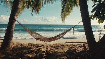 A serene beach scene featuring a hammock strung between palm trees, overlooking gentle waves and a clear sky. photo