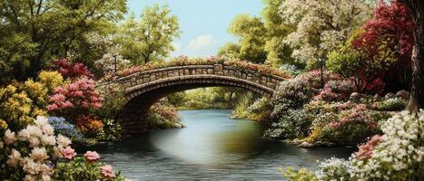 A serene bridge arches over a tranquil river, surrounded by lush greenery and blooming flowers under a clear blue sky. photo