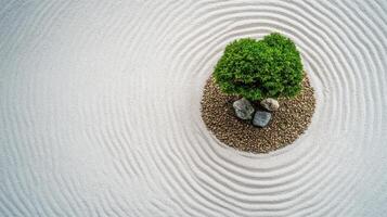 A serene zen garden featuring raked sand patterns, a small group of rocks, and a patch of greenery at the center. photo