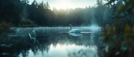 A serene lake at dawn features a swan gliding gracefully through misty waters surrounded by trees. photo