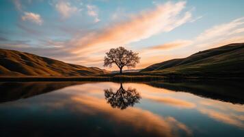 A solitary tree reflects in a calm lake surrounded by rolling hills under a vibrant sunset sky. photo