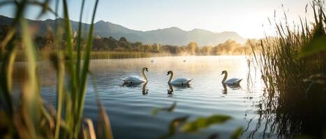 Serene lake scene featuring swans swimming amidst tall grasses and distant mountains under a soft sunrise glow. photo