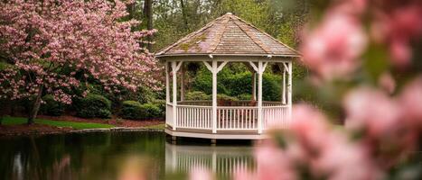 A serene gazebo by a tranquil pond, surrounded by blooming cherry trees, creating a peaceful and picturesque outdoor setting. photo