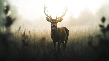 A majestic deer stands in a misty field, surrounded by tall grass, creating a serene and enchanting atmosphere. photo