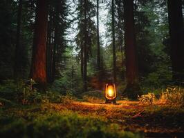 A lantern illuminates a dark forest path surrounded by tall trees, creating a serene and mysterious atmosphere. photo