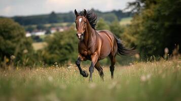 A majestic horse gallops through a lush green field under a bright sky, showcasing its strength and grace in a natural setting. photo