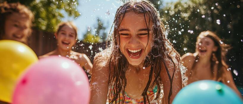 Joyful children playing in water, surrounded by colorful balloons on a sunny day, capturing the essence of summer fun. photo