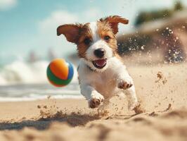 A joyful dog leaps through splashing water on the beach, chasing a colorful ball under a sunny sky. photo