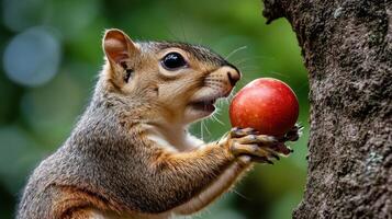 Squirrel holding a red fruit while perched on a tree, showcasing its detailed fur and curious expression against a blurred green background. photo