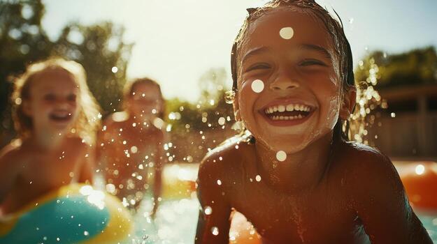 A joyful child splashes in water with friends, capturing laughter and summer fun in a sunlit pool. photo