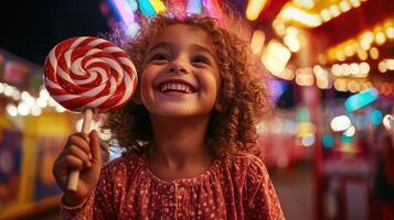 A joyful girl with curly hair holds a large lollipop, smiling brightly amidst colorful lights at a carnival. photo