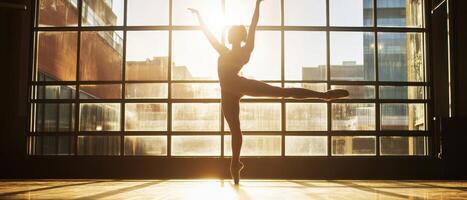 A dancer poses gracefully in front of large windows, illuminated by sunlight, creating a silhouette effect in a vibrant urban setting. photo