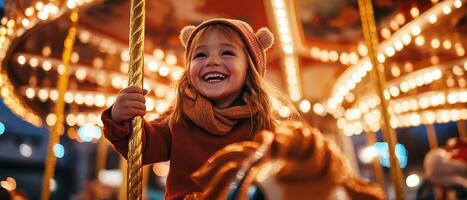 A joyful child rides a carousel, illuminated by warm lights, wearing a cozy sweater and hat, capturing the essence of childhood happiness. photo