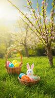 Easter eggs in baskets on grass with flowers and trees photo