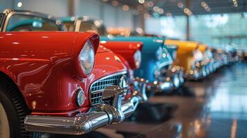 vibrant row of colorful vintage cars on display in a showroom, showcasing classic design, polished chrome, and retro style under warm lighting photo