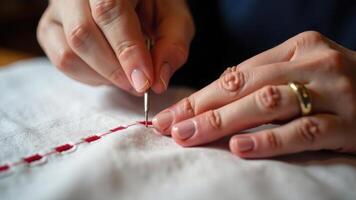 Close up of tailor's hands carefully stitching red thread on white fabric. Detailed view of hand embroidery representing craftsmanship and handwork. photo