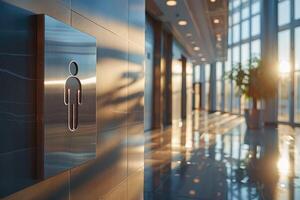 Modern WC sign in the hallway of an office building indicating the direction to the men's restroom photo