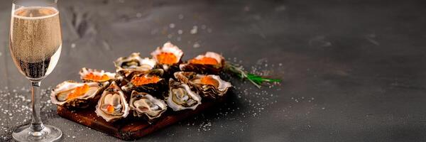 Freshly opened oysters decorated with red caviar on a dark textured background with a glass of sparkling wine, champagne perfect for gourmet seafood menus or luxury restaurants. Banner with copy space photo