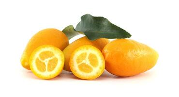 Fresh Kumquats with Sliced Halves and Green Leaf on White Background photo
