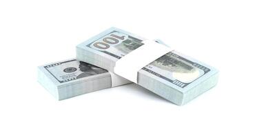 Two bundles of one hundred dollar bills arranged and isolated against a bright white backdrop. photo