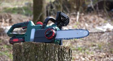 Modern cordless chainsaw is displayed, ready for use in various woodworking and forestry tasks. photo