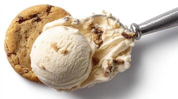 Serving Cookie Dough Ice Cream Scoop with Chocolate Chip Cookie on White photo