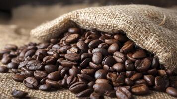Roasted Coffee Beans Overflowing From Burlap Sack on Rustic Burlap photo