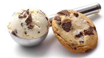 Serving of Chocolate Chip Ice Cream with Cookie on White Background photo