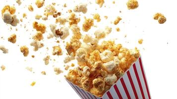 Popcorn Flying From Striped Container on White Background for Movie Snack photo