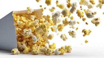 Popcorn Overflowing From Container on White Background with Dynamic Motion photo