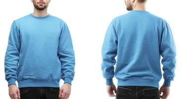 Man Wearing Light Blue Sweatshirt Mockup Front and Back View photo