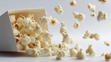 Popcorn Flowing From Container Still Life on Plain White Background photo