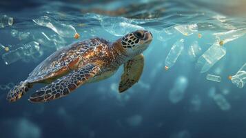 Turtle Swimming Amidst Plastic Pollution in Ocean Waters Underwater View photo