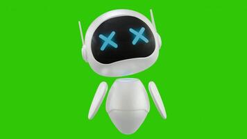 Cute 3D mini Robot character animation. He looks helpless. With X-shaped eyes to express game over, limp, or dead. Green screen background. Perfect looping. Artificial intelligence robot. video