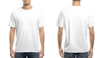 Man Wearing White T-shirt Showing Front and Back for Customization photo