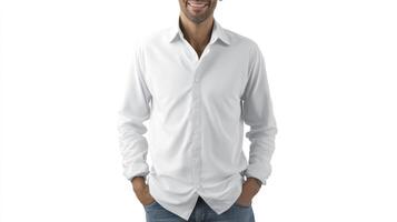 Man Wearing a White Long Sleeve Shirt Posing with Hands Pockets photo