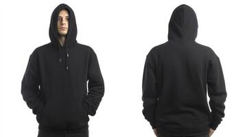 Black Hooded Sweatshirt Mockup Front and Back View on White Background photo
