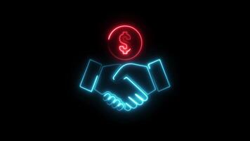 Neon Handshake With Dollar Sign icon animation Isolated on Black Background video