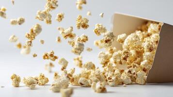 Popcorn Falling From Container Crisp Snack on White Background photo