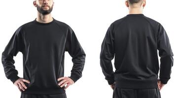 Man Wearing Black Sweatshirt with Front and Back Views on White photo
