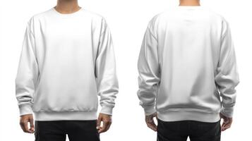 Man Wearing White Crewneck Sweatshirt Front and Back Mockup for Design photo