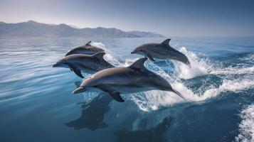 Dolphins Jumping From Ocean Water with Mountain Backdrop on a Sunny Day photo