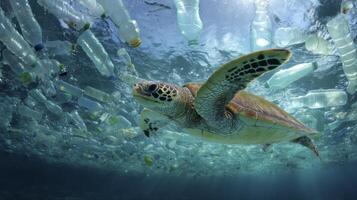 Sea Turtle Swimming Amidst Plastic Bottles Showing Ocean Pollution Problem photo